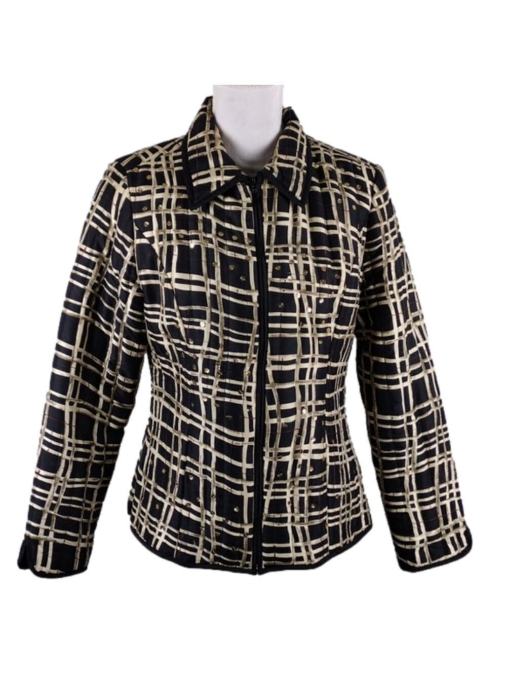 Carole Little Black Geometric Silk Collared Long Sleeve Zipper Front Jacket